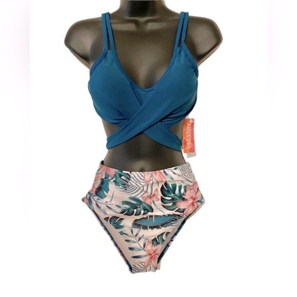 NWT Teal blue cross cross bikini top & high cut leg & high waist bikini small